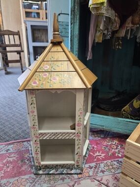 Hand-Painted Wooden Display Cabinet with Floral Roof